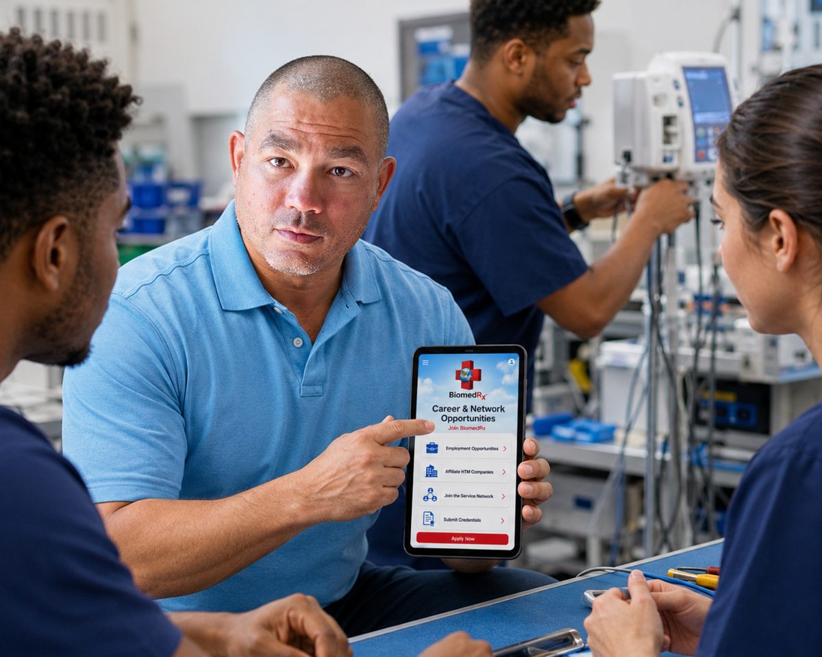 Biomedical technician showing the BiomedRx app career and network screen to colleagues at a shop workbench