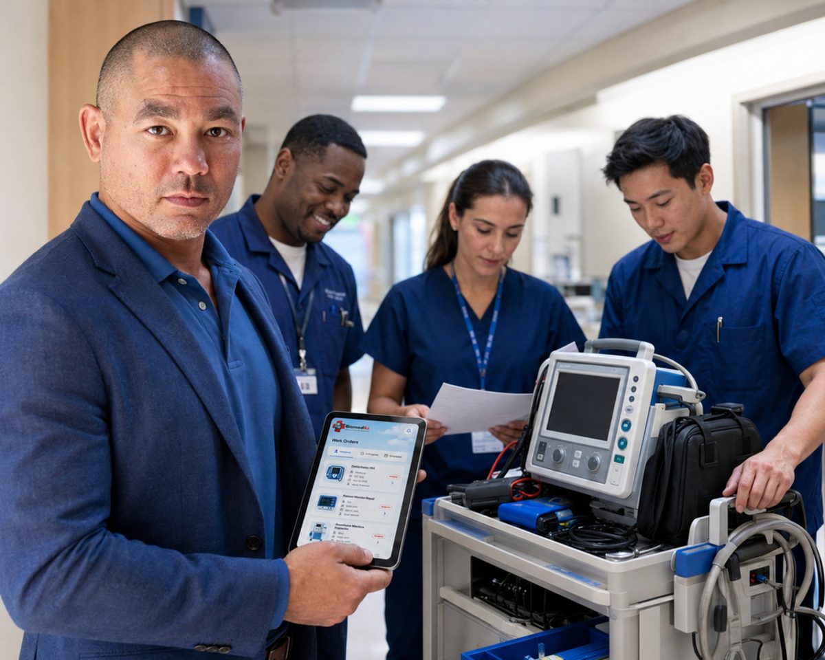 Clinical engineering manager with the BiomedRx app on a tablet as technicians work on a transport monitor behind him