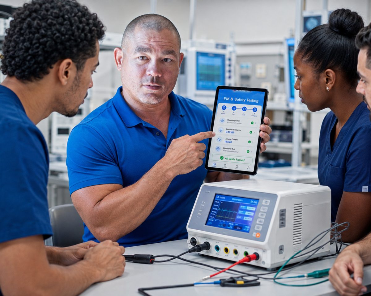 Technician pointing at the BiomedRx app PM and safety testing checklist next to an electrosurgical unit under test