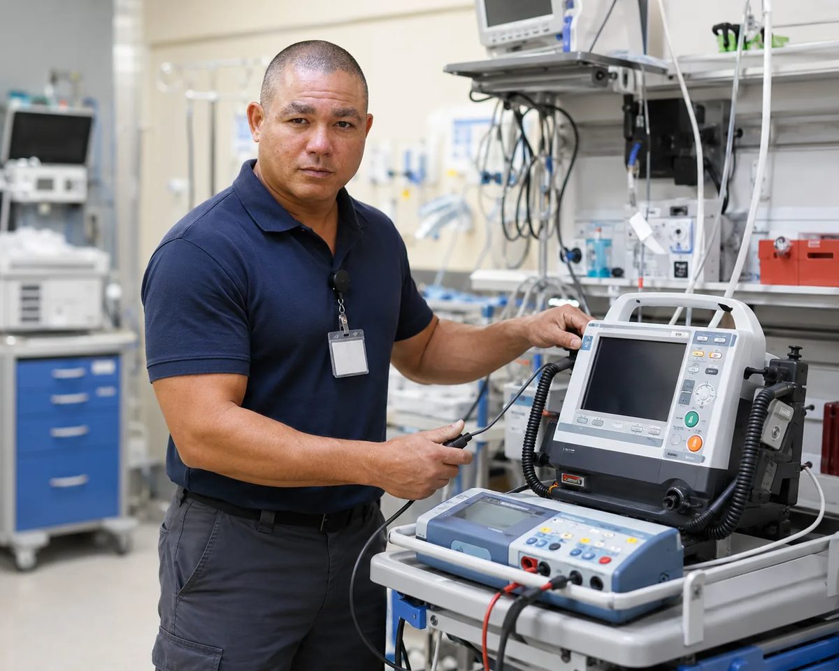 Biomedical equipment technician testing a defibrillator with a defibrillator analyser in a hospital biomedical shop