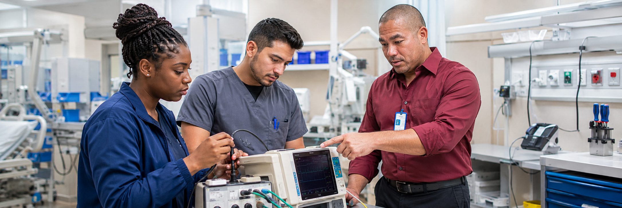 Biomedical equipment technicians performing anesthesia machine preventive maintenance