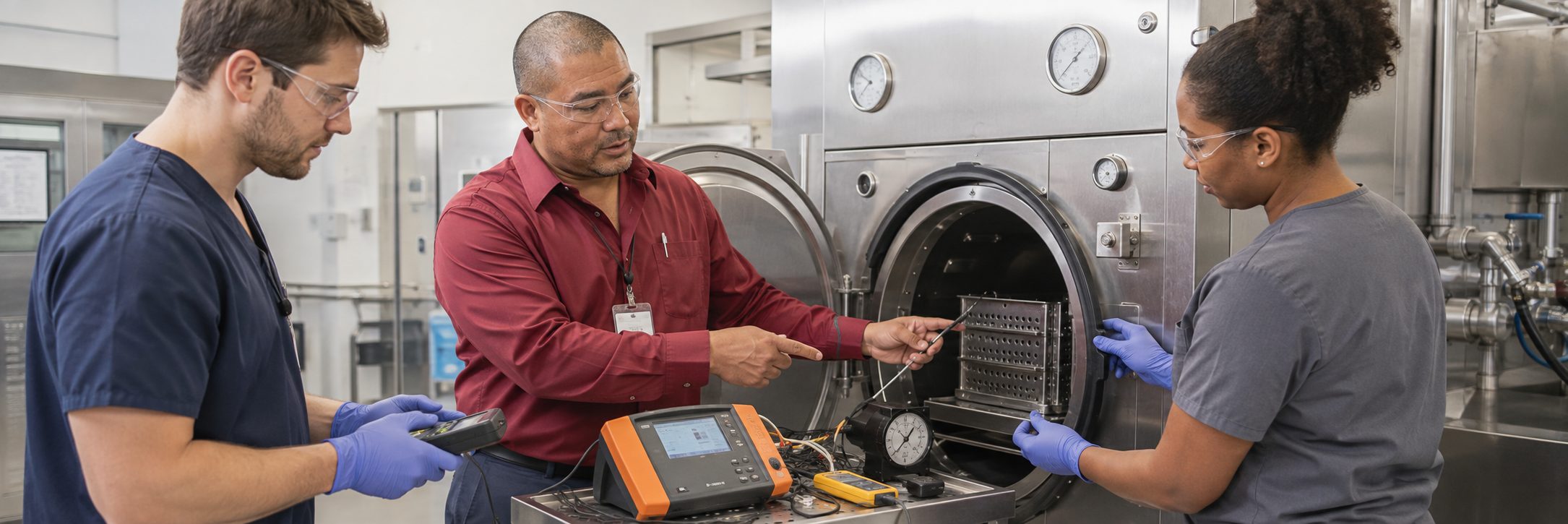 Biomedical equipment technicians performing anesthesia machine preventive maintenance