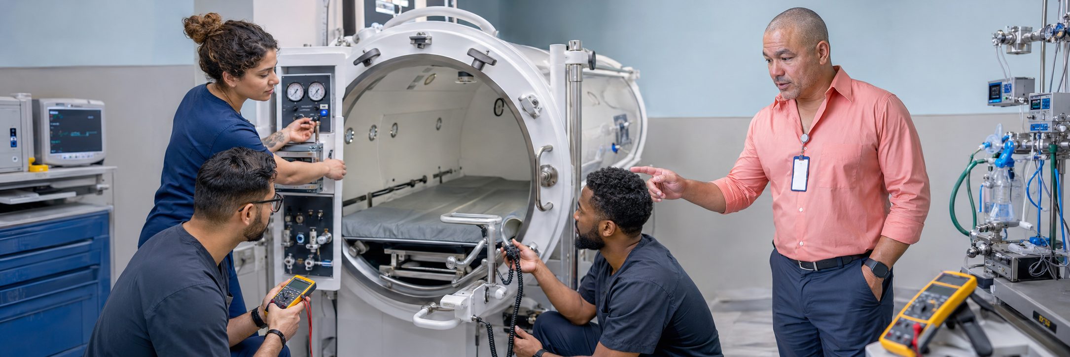 Biomedical technicians performing infusion pump preventive maintenance in an infusion suite
