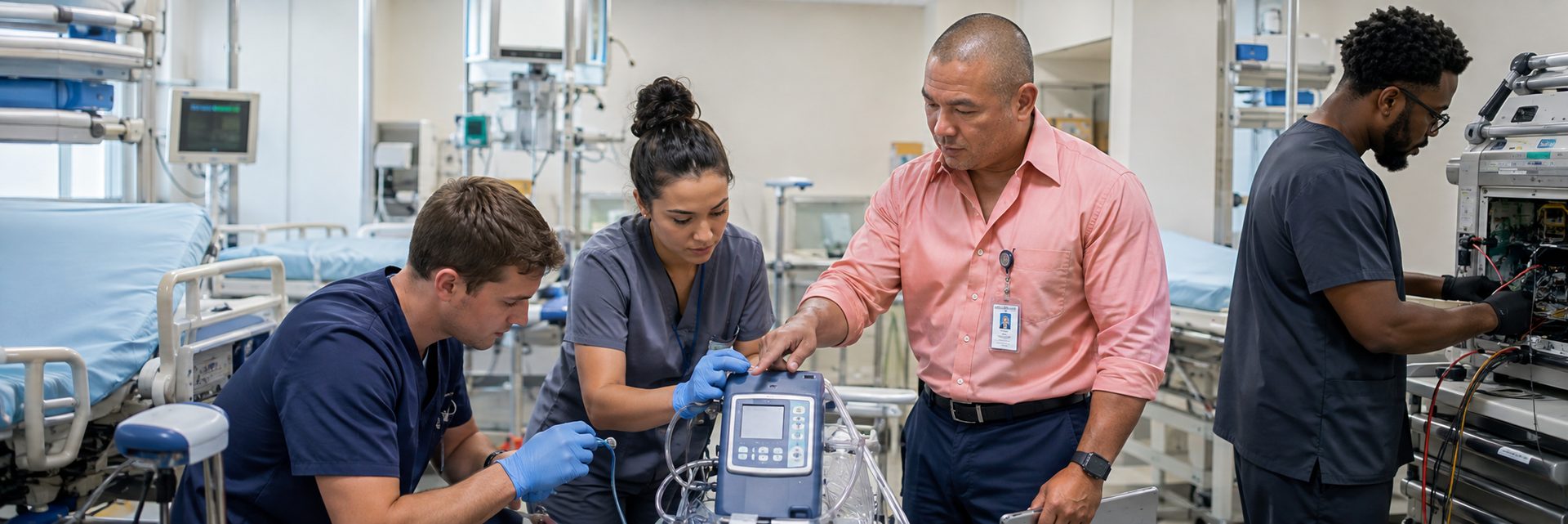 Biomedical technicians performing infusion pump preventive maintenance in an infusion suite