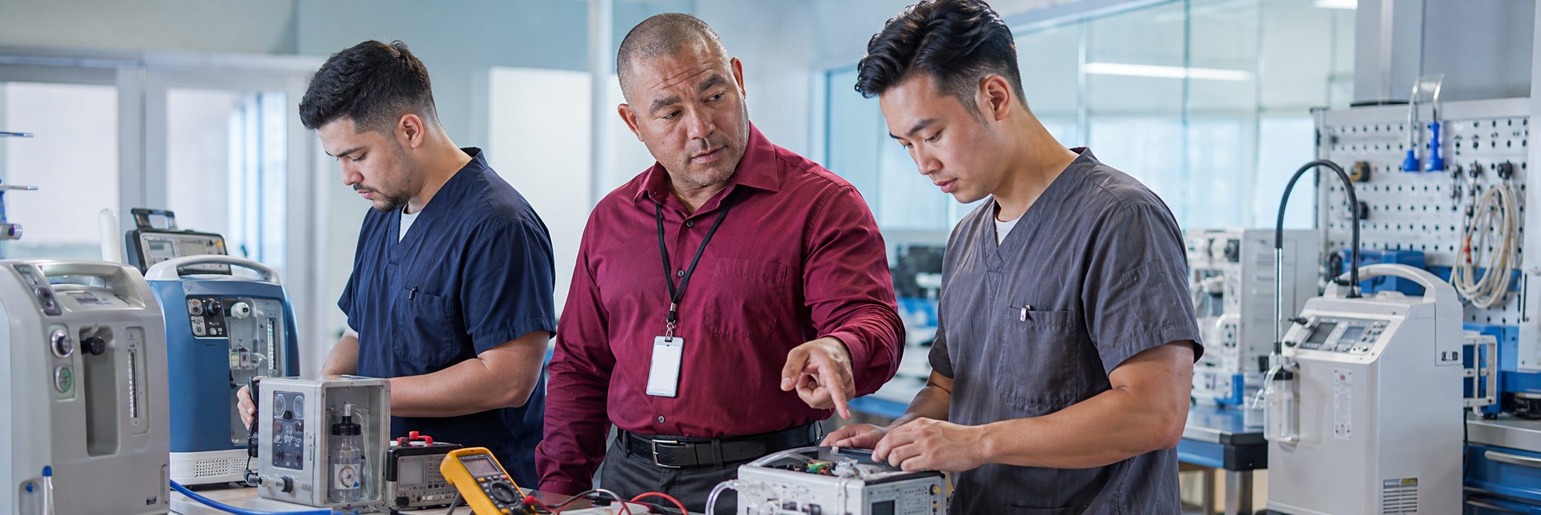 HTM technicians inspecting operating room surgical lights during scheduled service